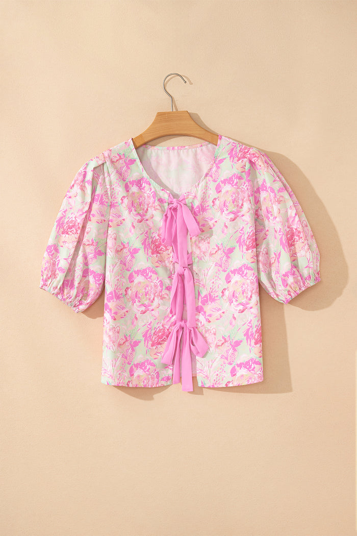 Pink Ribbon Knot Front Floral Short Puff Sleeve Blouse 🇺🇸