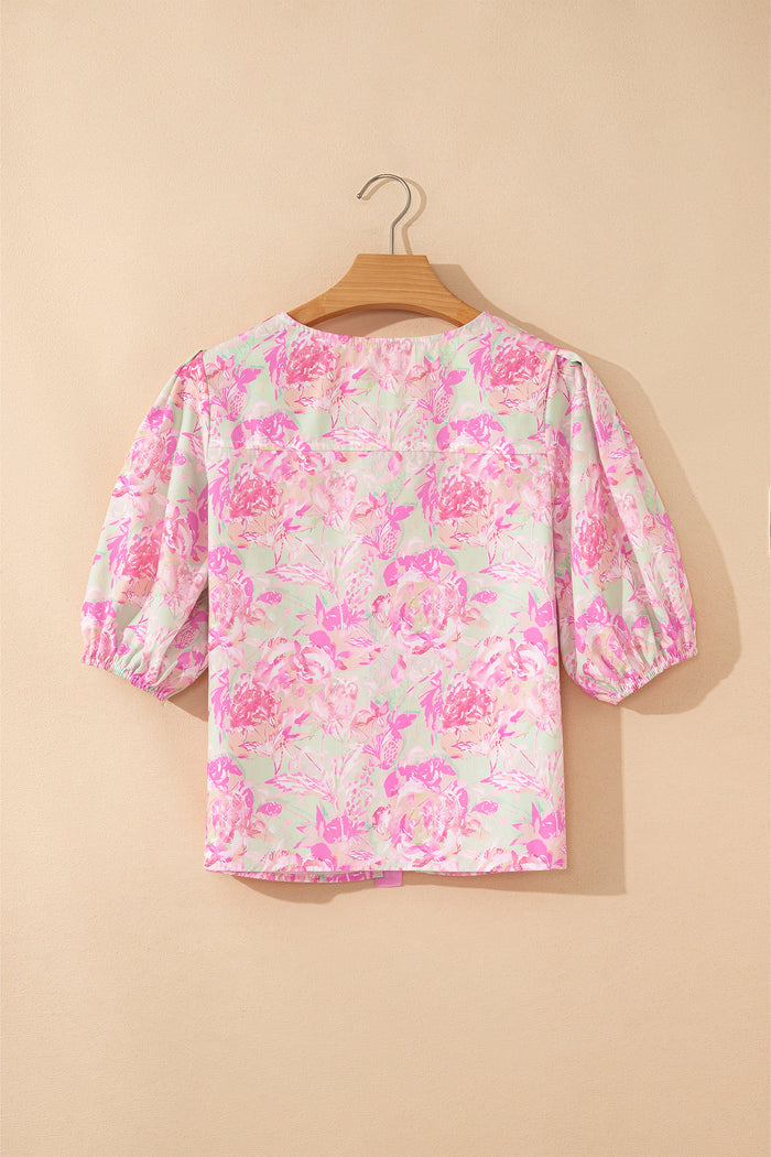 Pink Ribbon Knot Front Floral Short Puff Sleeve Blouse 🇺🇸