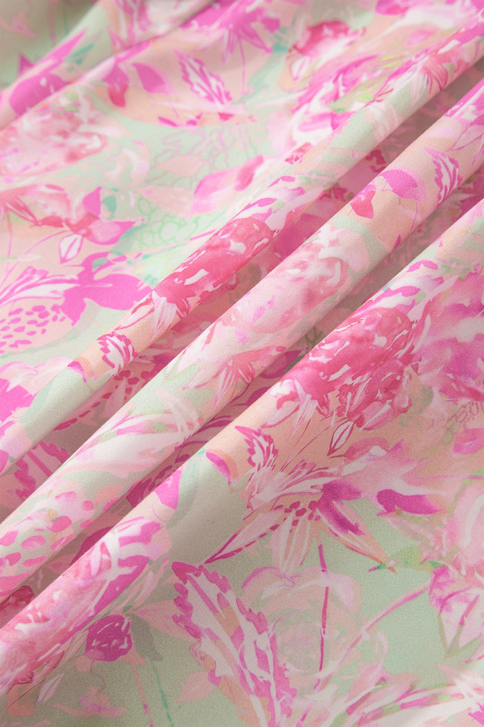 Pink Ribbon Knot Front Floral Short Puff Sleeve Blouse 🇺🇸