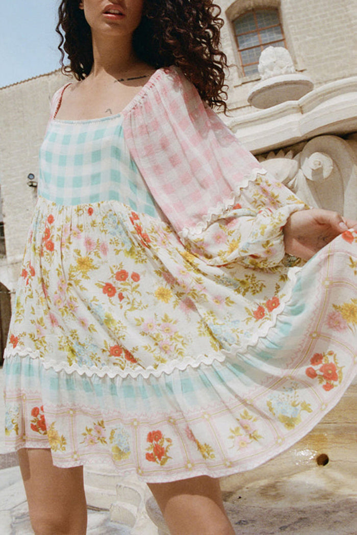 Pink Ric Rac Plaid Floral Print Patchwork Bubble Sleeve Dress 🇺🇸