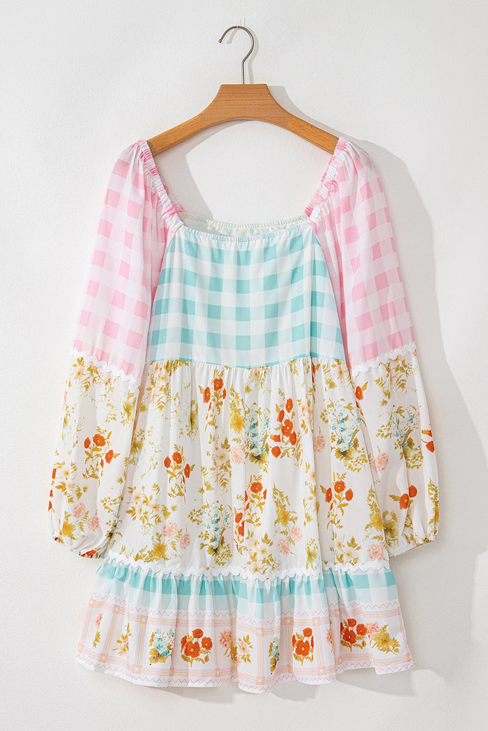 Pink Ric Rac Plaid Floral Print Patchwork Bubble Sleeve Dress 🇺🇸