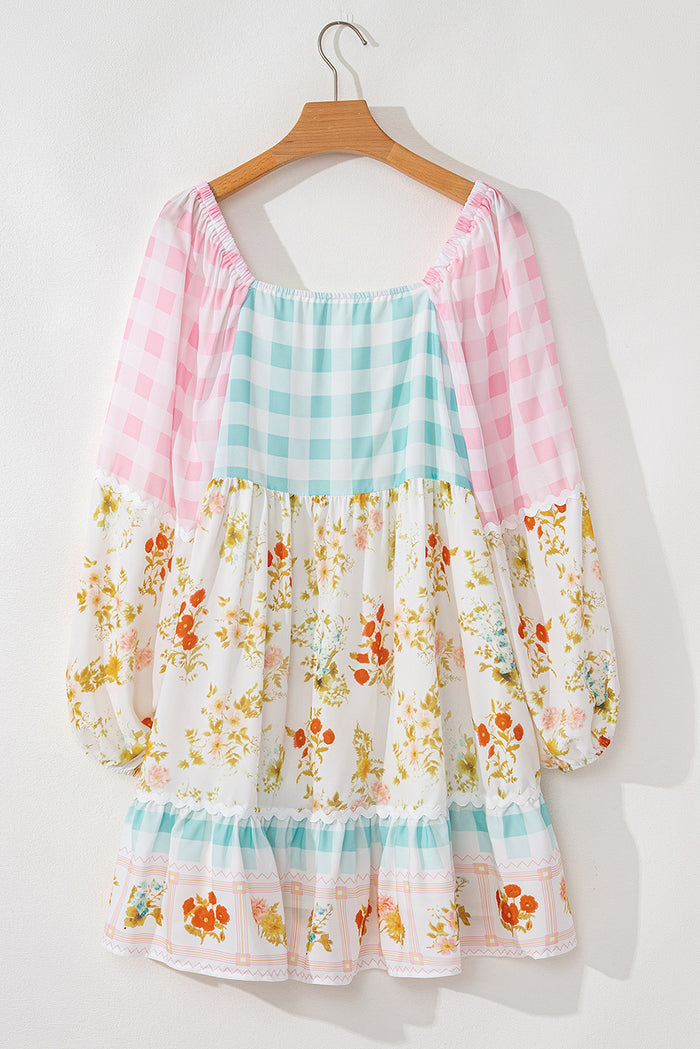 Pink Ric Rac Plaid Floral Print Patchwork Bubble Sleeve Dress 🇺🇸