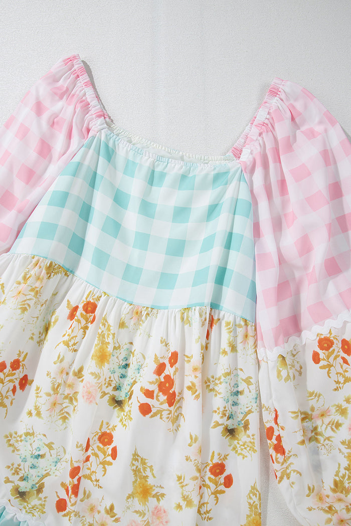 Pink Ric Rac Plaid Floral Print Patchwork Bubble Sleeve Dress 🇺🇸