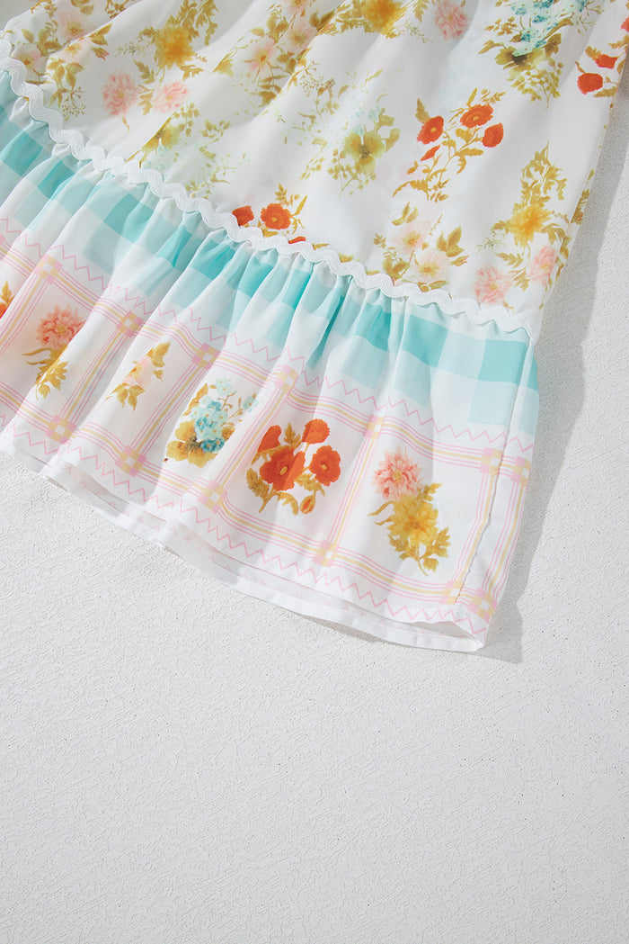 Pink Ric Rac Plaid Floral Print Patchwork Bubble Sleeve Dress 🇺🇸