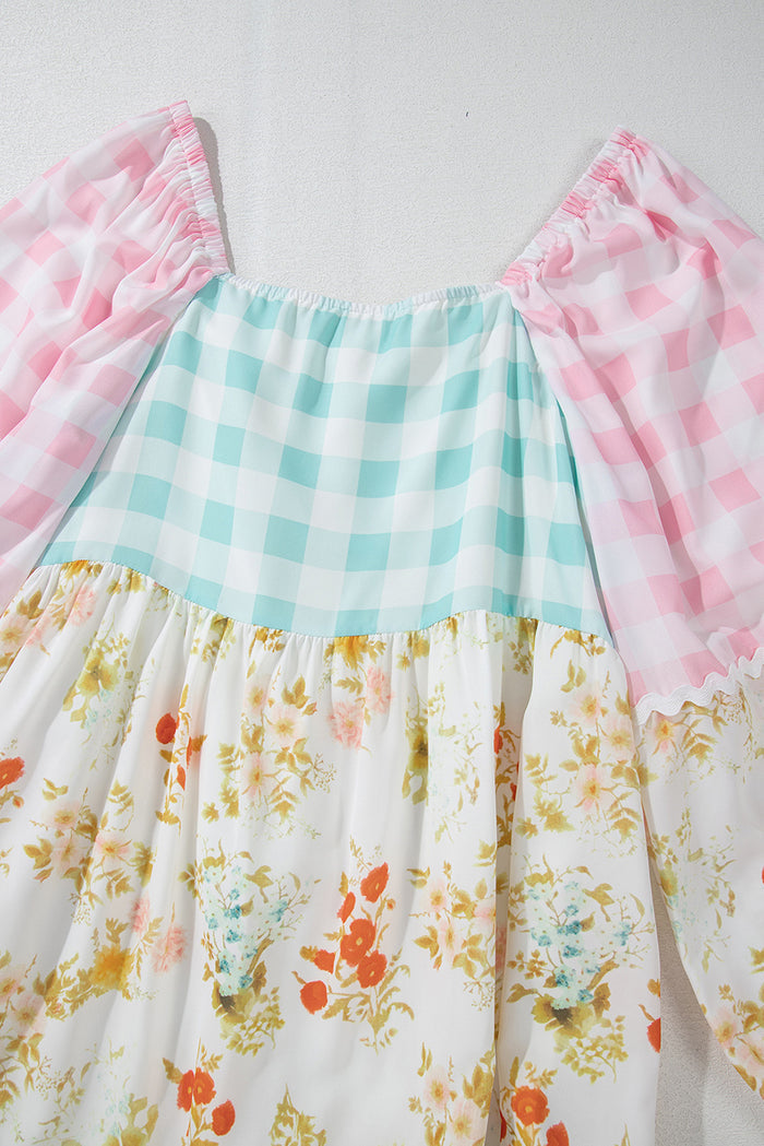 Pink Ric Rac Plaid Floral Print Patchwork Bubble Sleeve Dress 🇺🇸