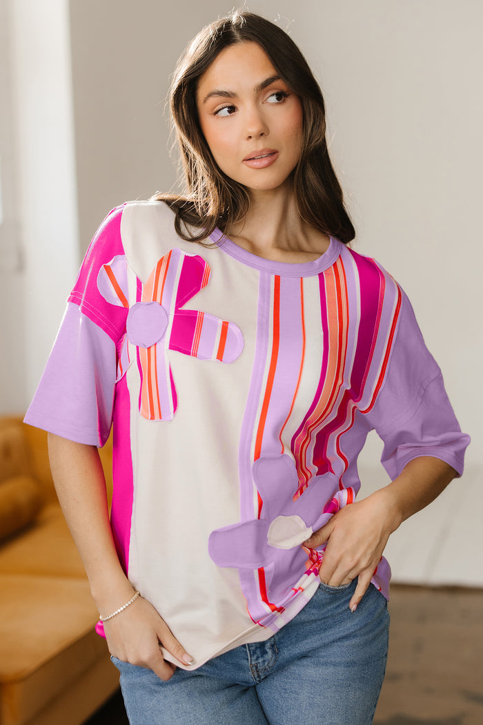Pink Striped Color Block Flower Patched Half Sleeve Loose Top 🇺🇸