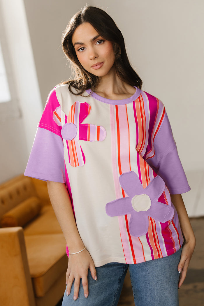 Pink Striped Color Block Flower Patched Half Sleeve Loose Top 🇺🇸