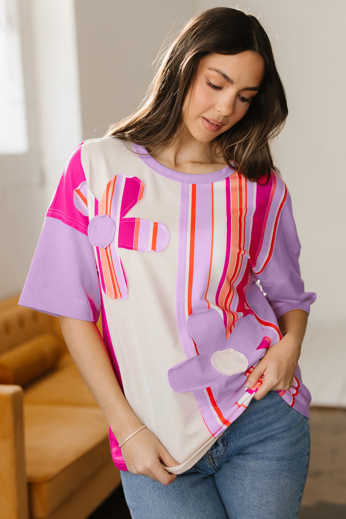 Pink Striped Color Block Flower Patched Half Sleeve Loose Top 🇺🇸