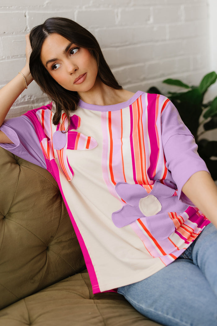 Pink Striped Color Block Flower Patched Half Sleeve Loose Top 🇺🇸