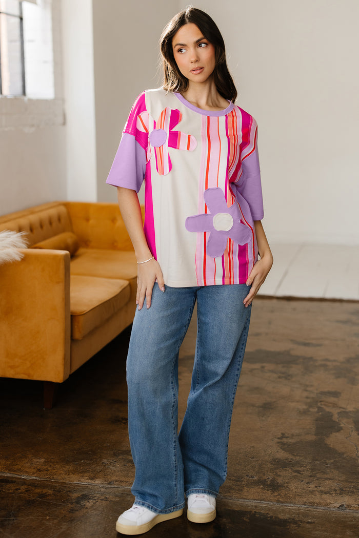 Pink Striped Color Block Flower Patched Half Sleeve Loose Top 🇺🇸