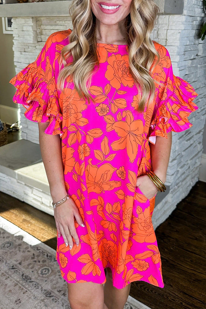 Pink Voluminous Ruffled Sleeve Floral Dress 🇺🇸