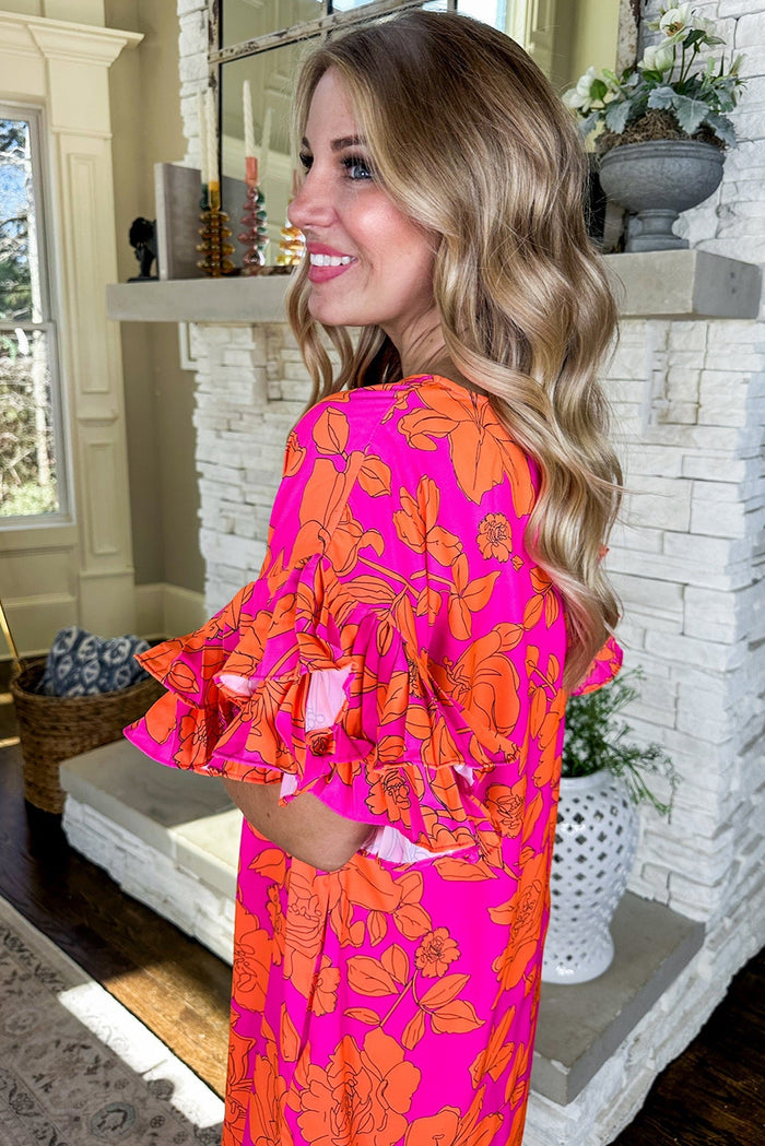 Pink Voluminous Ruffled Sleeve Floral Dress 🇺🇸