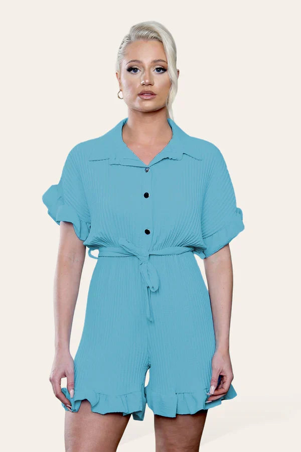 Pleated Ruffle Shirt Short Playsuit With Frill Hems 🇬🇧