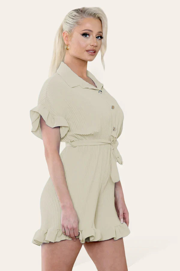 Pleated Ruffle Shirt Short Playsuit With Frill Hems 🇬🇧
