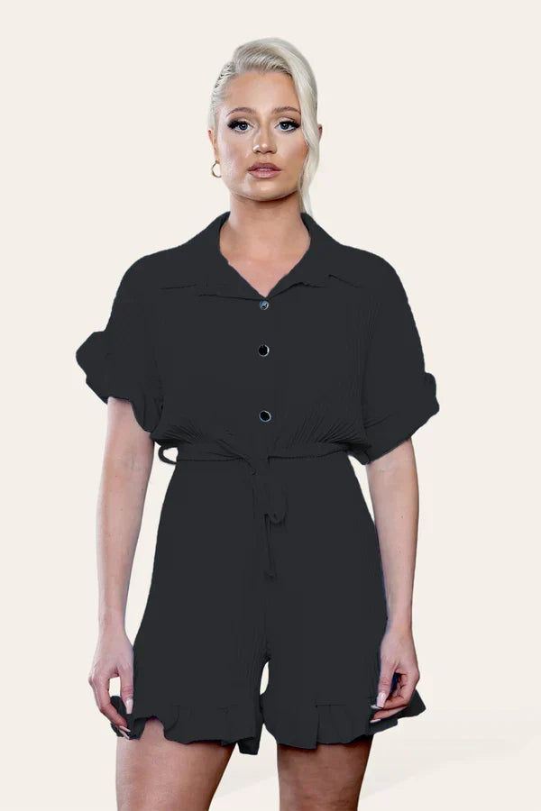 Pleated Ruffle Shirt Short Playsuit With Frill Hems 🇬🇧