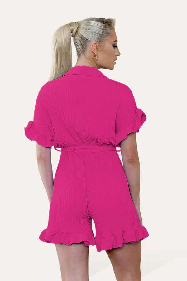 Pleated Ruffle Shirt Short Playsuit With Frill Hems 🇬🇧