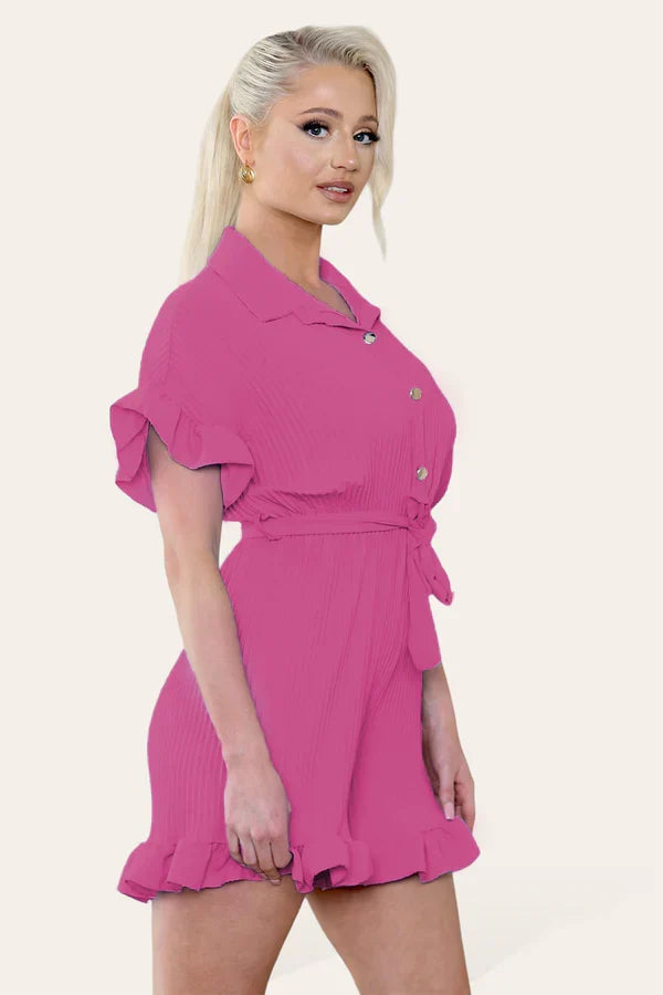 Pleated Ruffle Shirt Short Playsuit With Frill Hems 🇬🇧