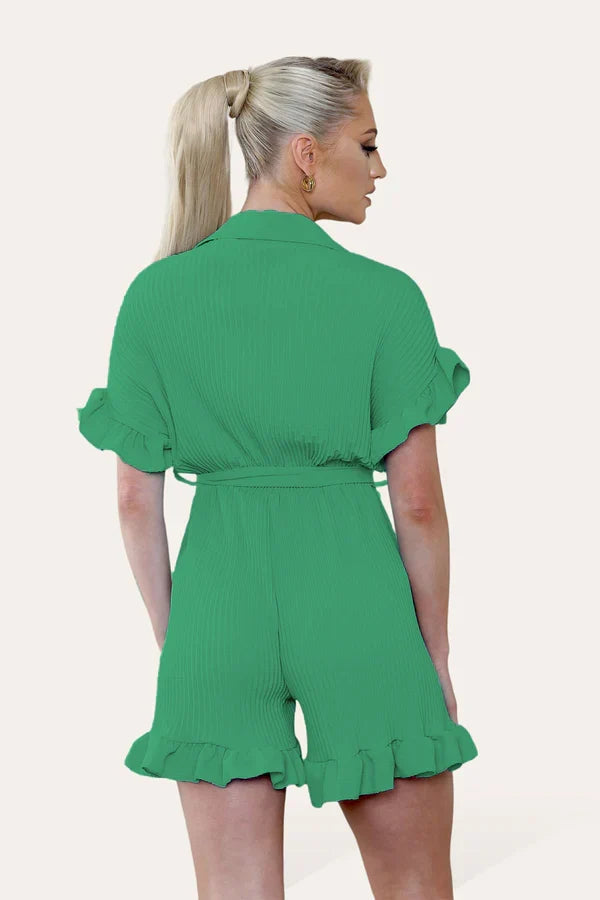 Pleated Ruffle Shirt Short Playsuit With Frill Hems 🇬🇧