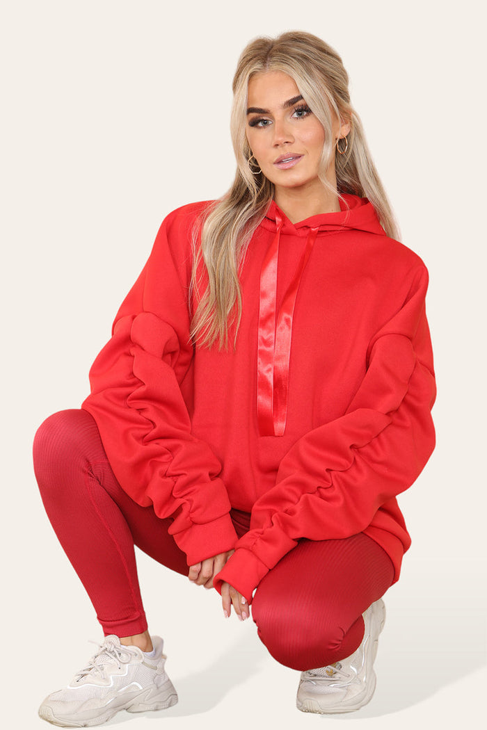 Plus Size Ruched Sleeves Hoodie With Satin Ribbon 🇬🇧