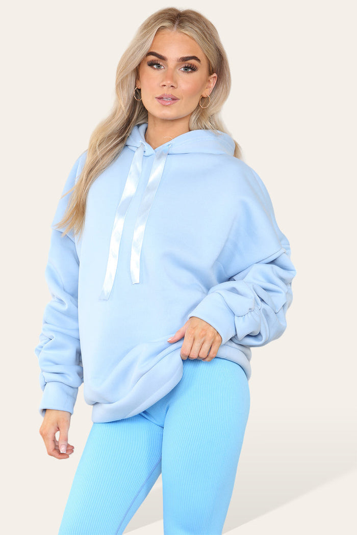 Plus Size Ruched Sleeves Hoodie With Satin Ribbon 🇬🇧