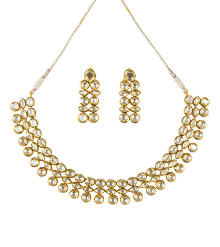 Gold-tone kundan collar necklace with multi-row round bead discs and drop pearls