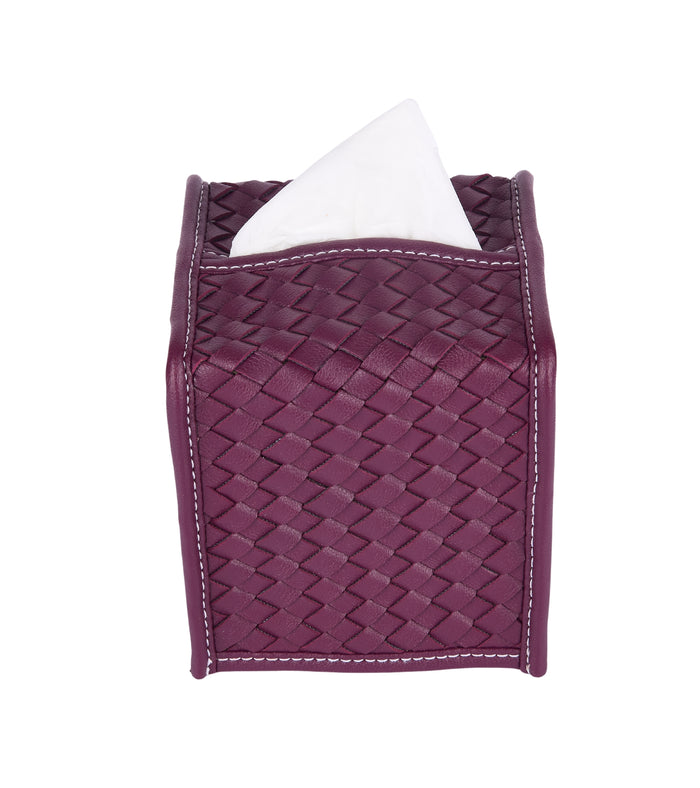 Purple woven tissue cover with front pocket holding a white tissue