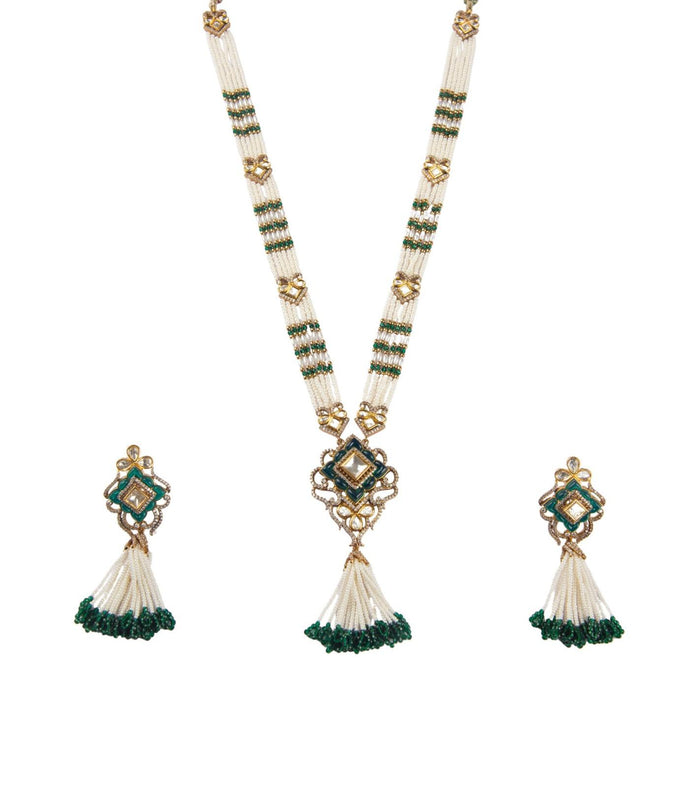 Layered pearl necklace with green bead rows, square kundan pendants and tassel earrings