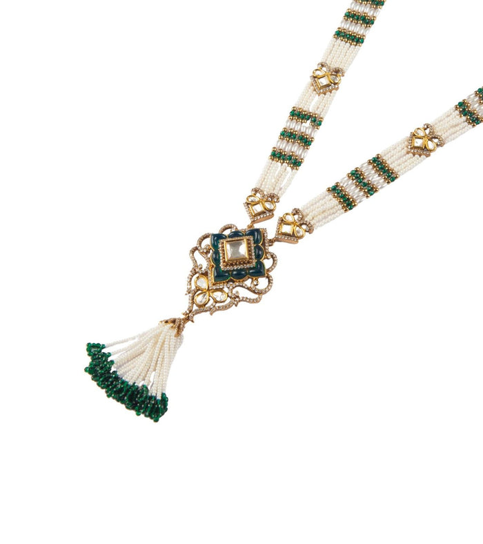 Beaded pearl necklace with gold-tone square kundan pendant and white-green tassel