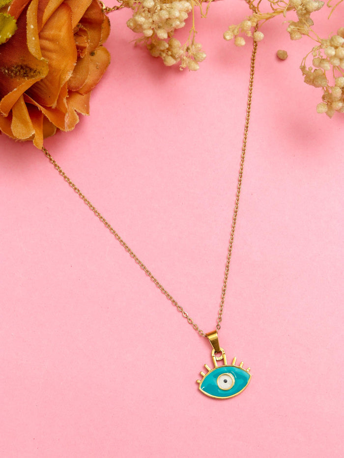 Gold evil-eye pendant necklace with blue enamel eye on a thin chain