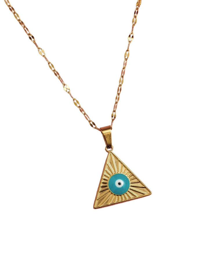 Gold evil eye triangular pendant necklace with blue center on chain