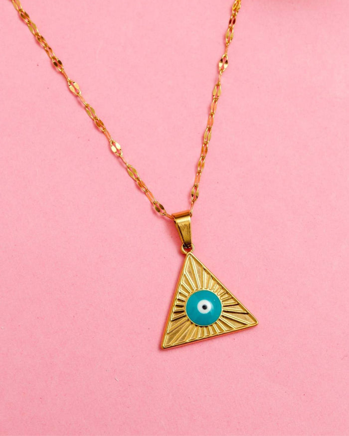 Gold evil eye triangular pendant necklace with blue enamel center