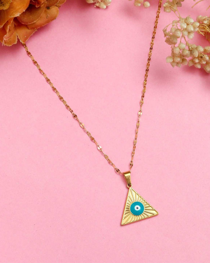 Gold evil eye triangular pendant necklace with blue circular eye detail