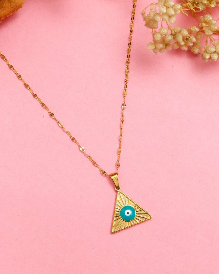 Gold evil eye triangular pendant necklace on short drop chain