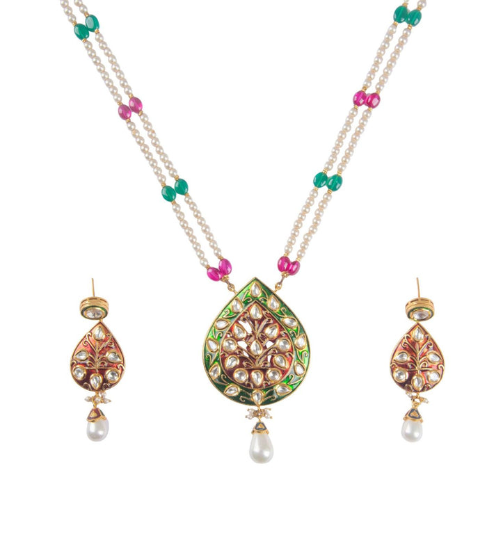 Pearl beaded kundan pendant necklace with green and pink enamel teardrop and pearl earrings