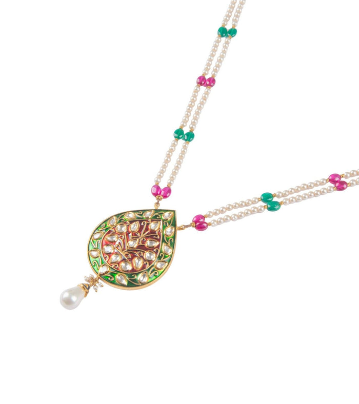 Green and pink enamel kundan teardrop pendant on pearl bead necklace with gold-tone accents