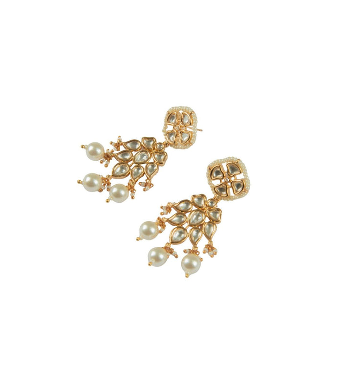 Gold kundan pearl drop earrings with chandelier clusters and small bead details