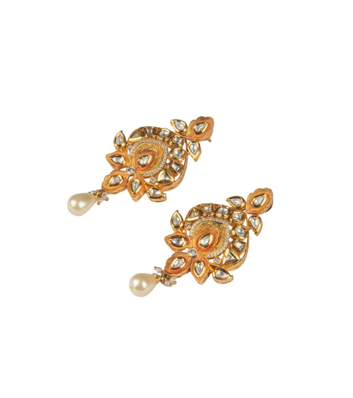 Kundan pearl earrings with gold-toned floral teardrop design and a dangling pearl