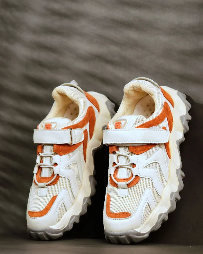 Kids sneakers with white leather-like upper, orange stripes, hook-and-loop closure and lace