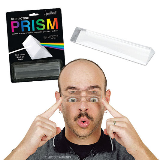 A man observes through a Prism, intrigued by the vibrant colors created by refraction, while a package labeled Prism lies beside him.