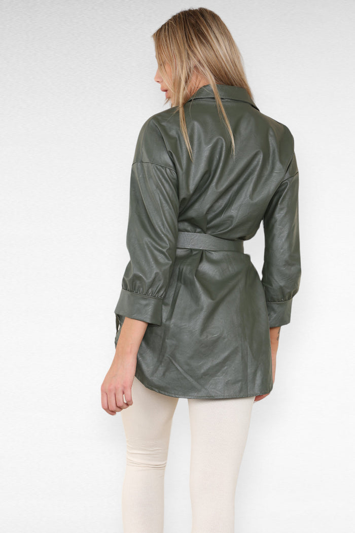 PU Faux Leather Belted Wet Look Shirt Dress 🇬🇧
