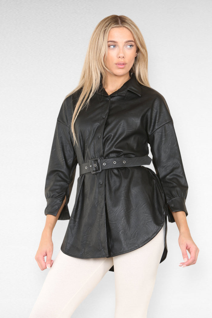 PU Faux Leather Belted Wet Look Shirt Dress 🇬🇧
