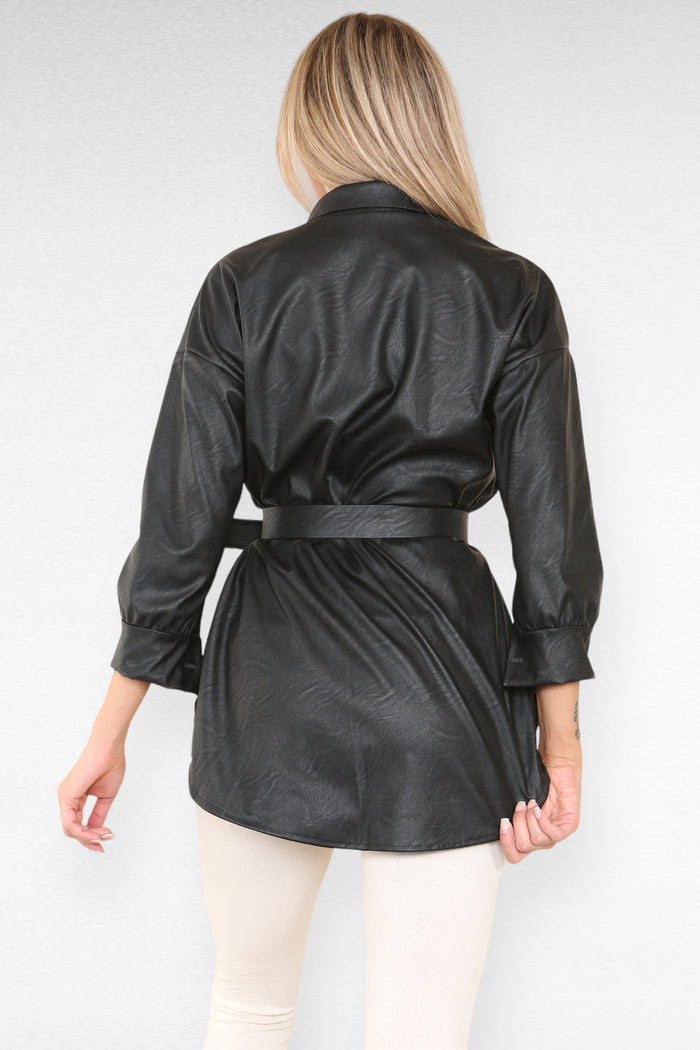 PU Faux Leather Belted Wet Look Shirt Dress 🇬🇧
