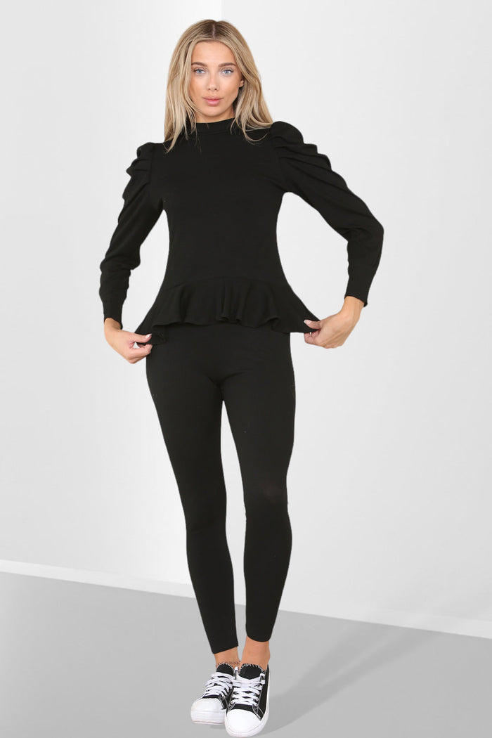 Puff Sleeves Set Frill Hem Peplum Ribbed Lounge Wear Suit 🇬🇧