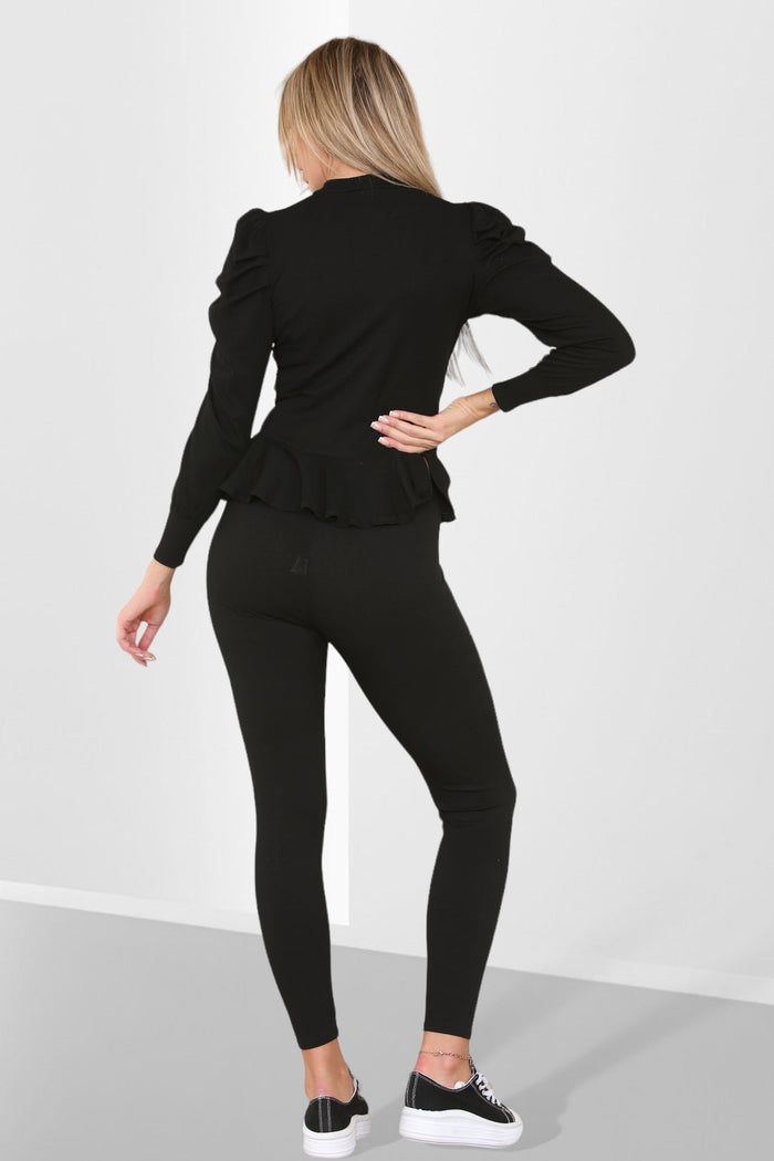 Puff Sleeves Set Frill Hem Peplum Ribbed Lounge Wear Suit 🇬🇧