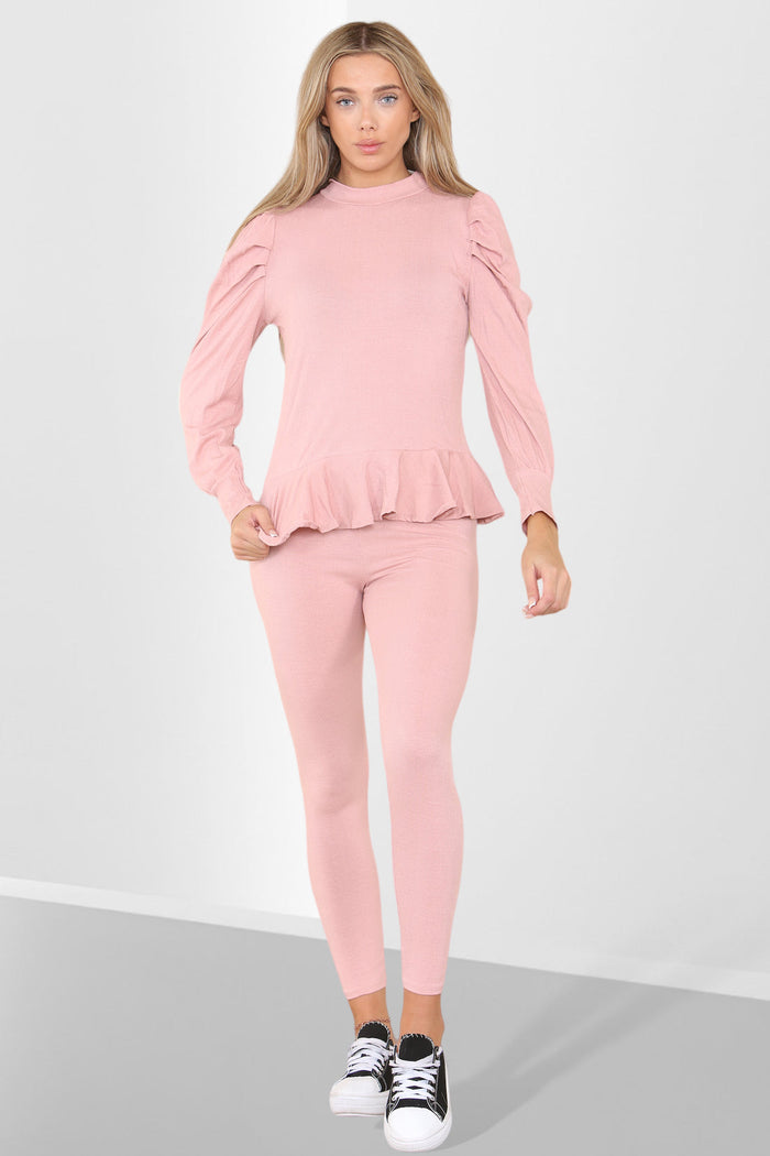 Puff Sleeves Set Frill Hem Peplum Ribbed Lounge Wear Suit 🇬🇧