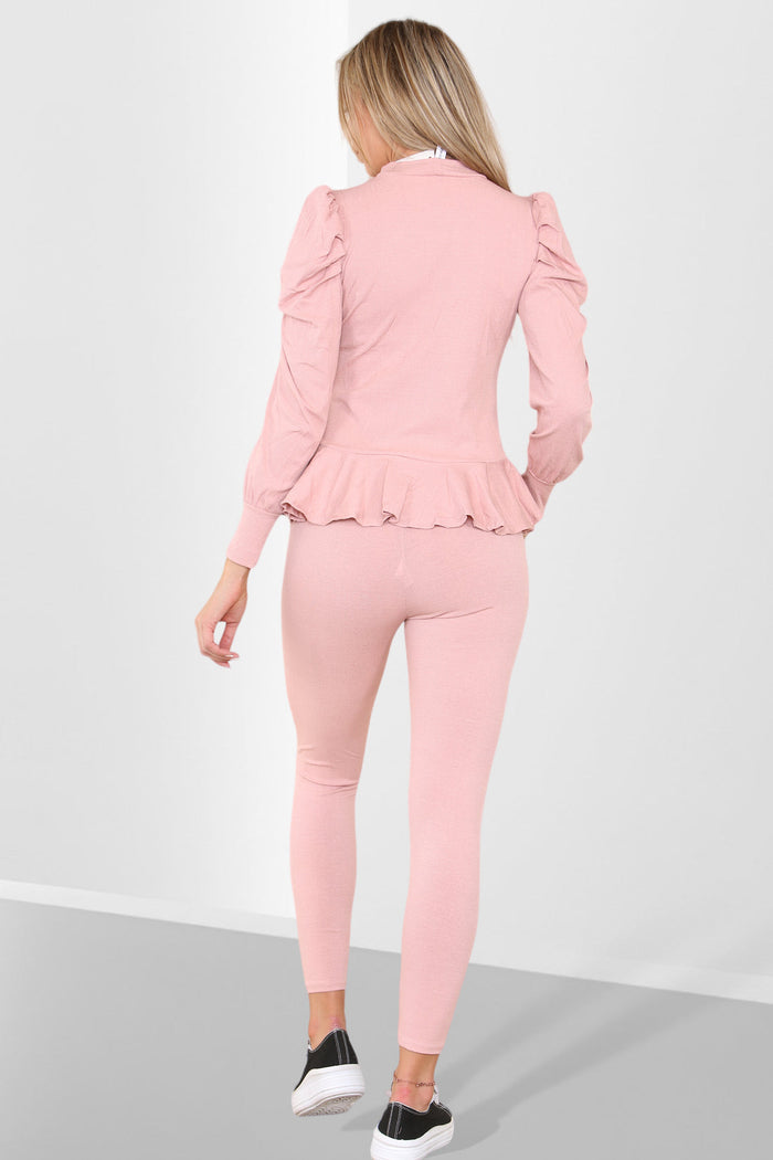 Puff Sleeves Set Frill Hem Peplum Ribbed Lounge Wear Suit 🇬🇧