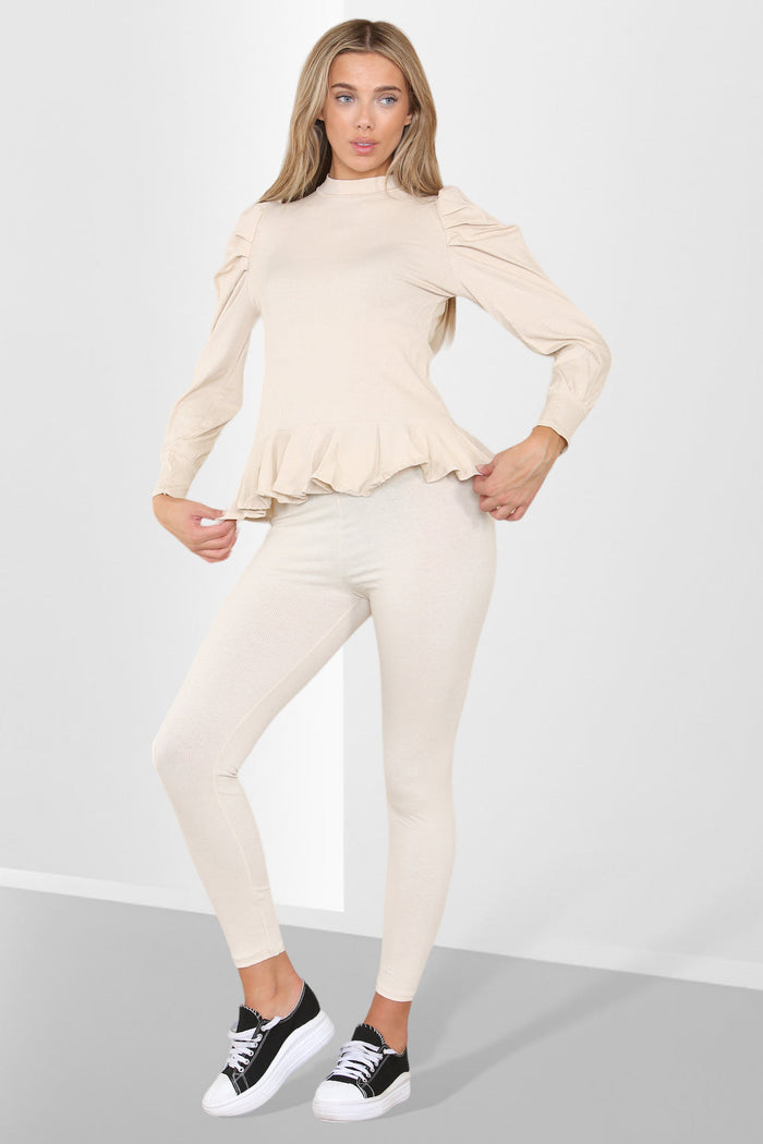 Puff Sleeves Set Frill Hem Peplum Ribbed Lounge Wear Suit 🇬🇧