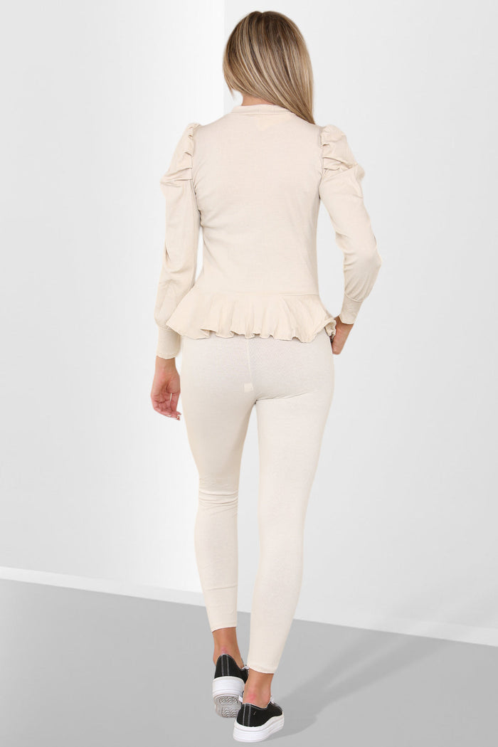 Puff Sleeves Set Frill Hem Peplum Ribbed Lounge Wear Suit 🇬🇧