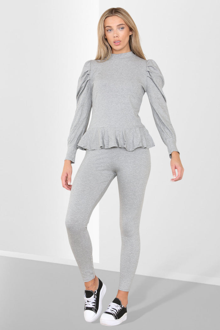 Puff Sleeves Set Frill Hem Peplum Ribbed Lounge Wear Suit 🇬🇧