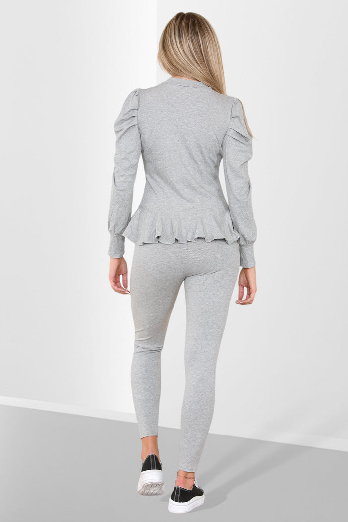 Puff Sleeves Set Frill Hem Peplum Ribbed Lounge Wear Suit 🇬🇧